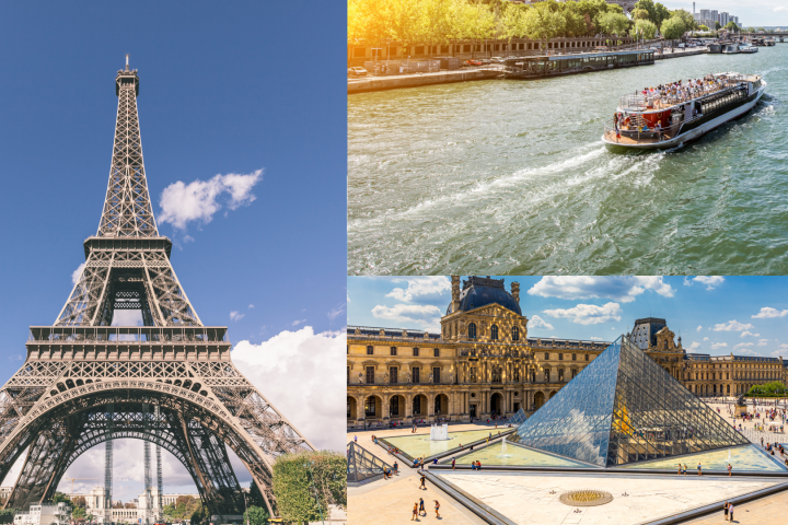 Collage of Eiffel Tower, river cruise on Seine, and Louvre Pyramid in Paris.