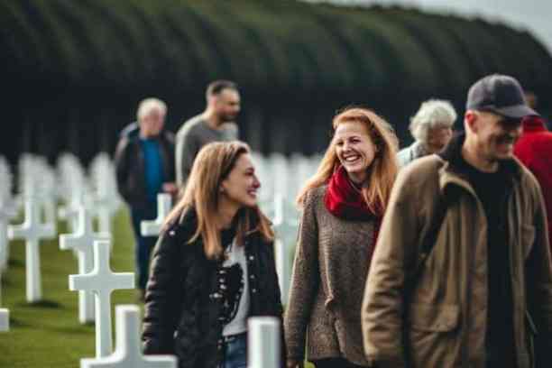 Group of people walking among white crosses in a cemetery, some smiling.