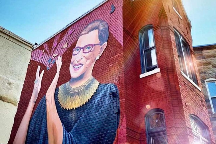 Mural of a woman with glasses and a collar on a brick building under a sunny sky.