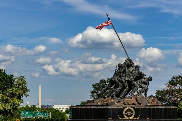 Iwo Jima Memorial with American flag, clouds, and Washington Monument in the background.