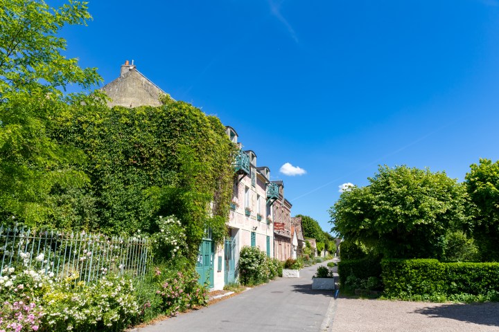 Street view of ivy-covered houses with a blue sky and greenery.
