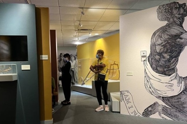 People in a museum gallery with artwork and informational displays on walls.