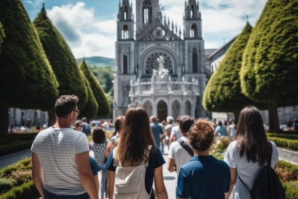 Group of people walking towards a large, ornate cathedral with pointed towers and green trees.