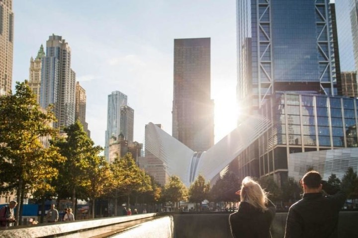 People observing modern skyscrapers and trees with sunlight in a cityscape.