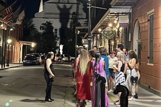 Group of people on a nighttime street tour with large statue shadow on a building.
