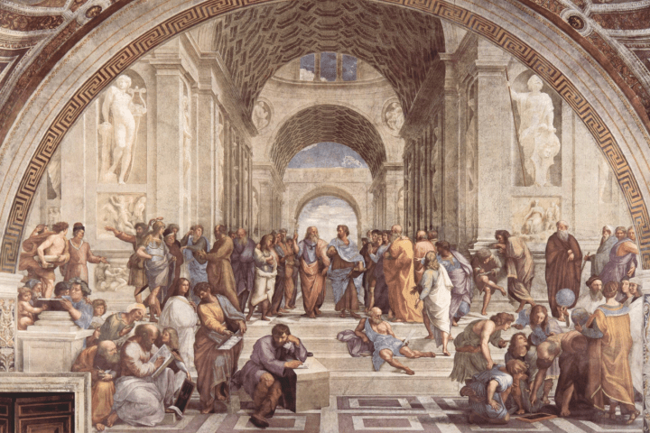 Renaissance painting depicting philosophers and scholars gathered in an ornate architectural setting.