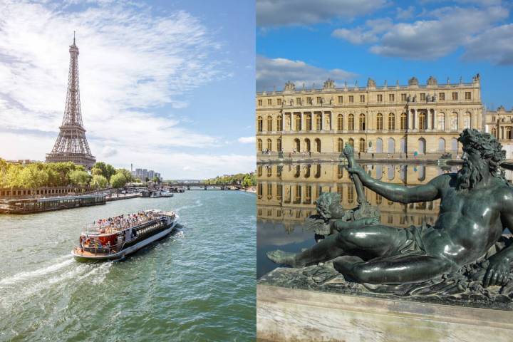 Split image of Eiffel Tower from Seine River and statue at Palace of Versailles.