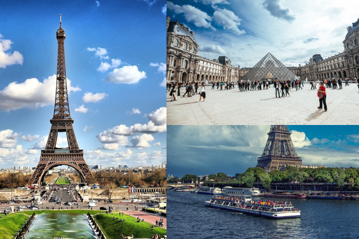 Collage of Eiffel Tower, Louvre Pyramid, and Seine River cruise in Paris.
