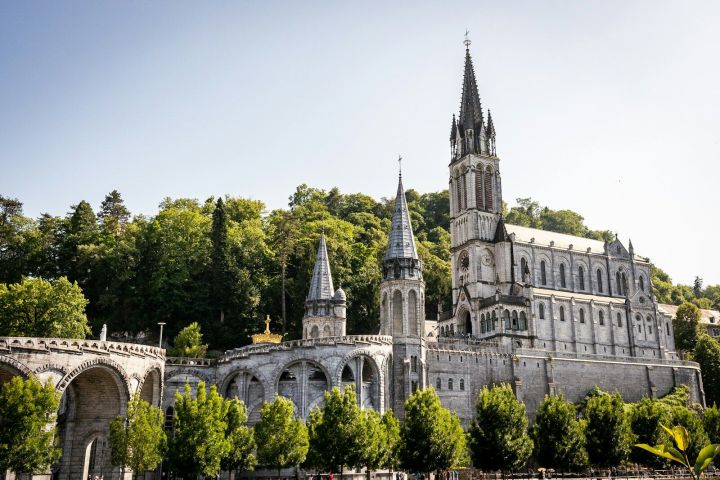 Gothic-style basilica with towers, surrounded by green trees and a clear sky