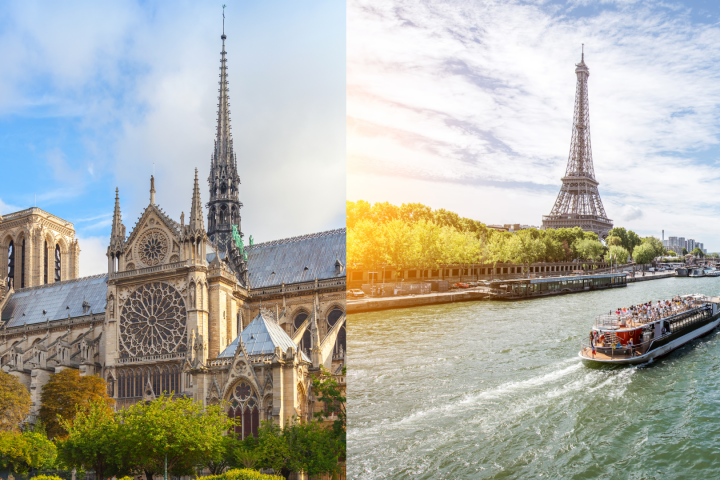 Split image: Notre-Dame Cathedral left, Eiffel Tower and river with boat right.