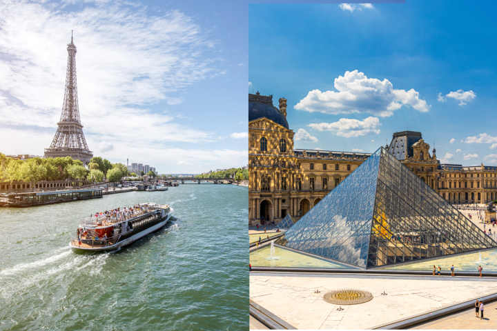 Split image of Eiffel Tower by the Seine and the Louvre Pyramid in Paris, under a blue sky.
