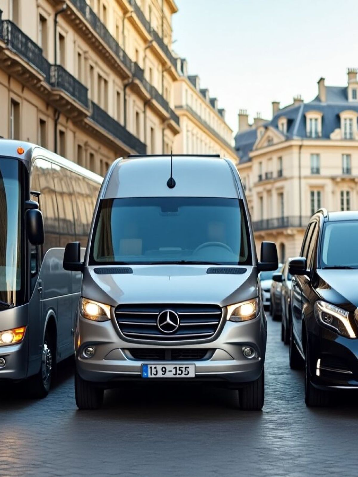 Three Mercedes vehicles parked on a cobblestone street in a European city.