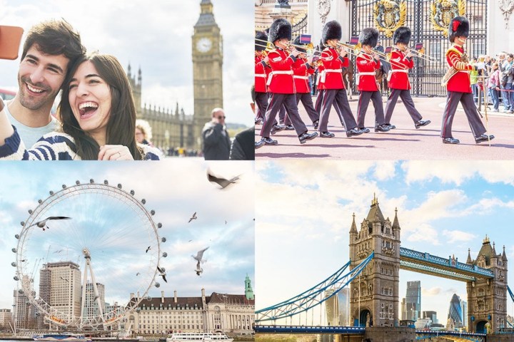 Collage of London landmarks: Big Ben, guards marching, London Eye, and Tower Bridge.