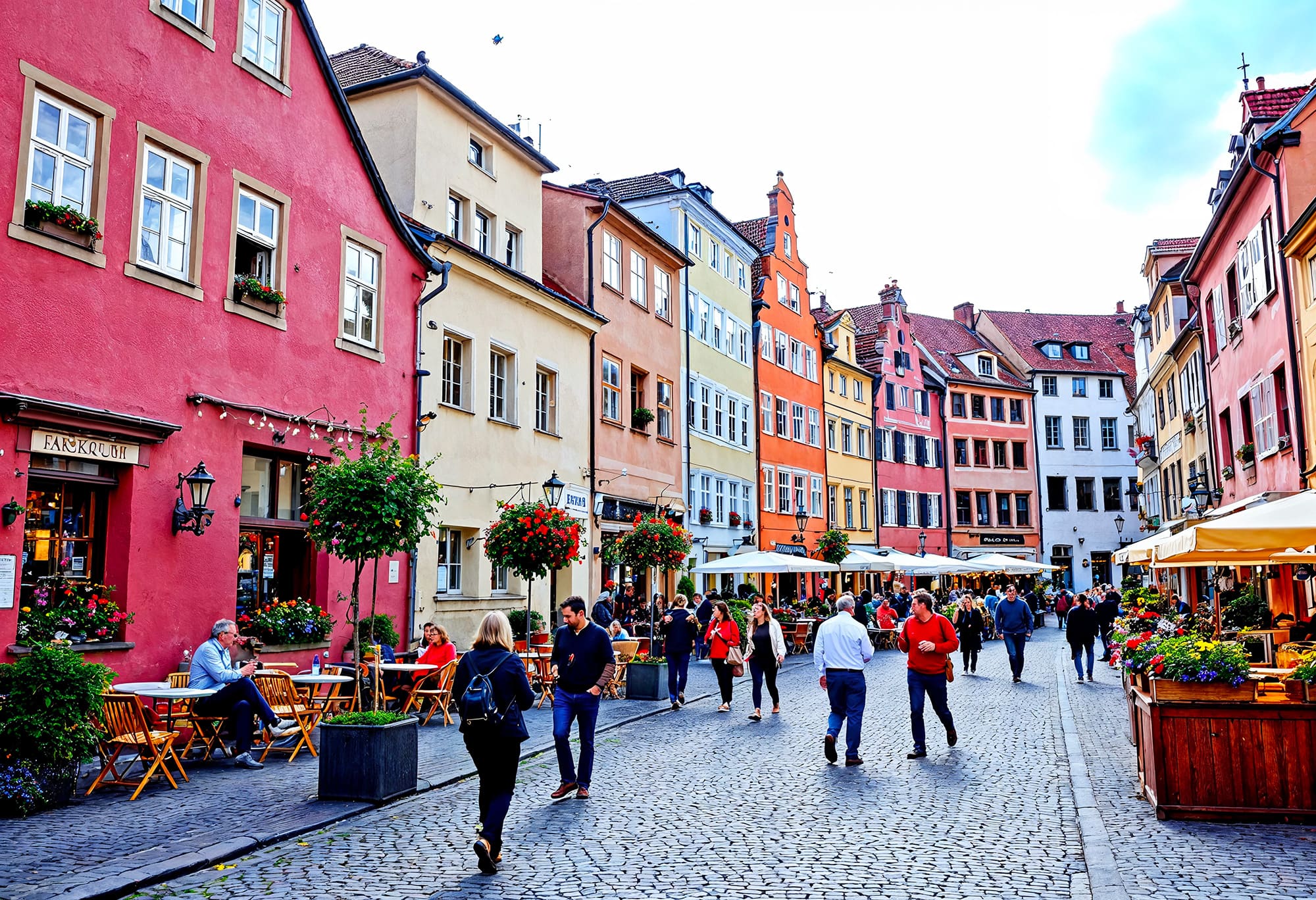 Colorful European street with people walking and cafes, flower pots along cobblestone path.